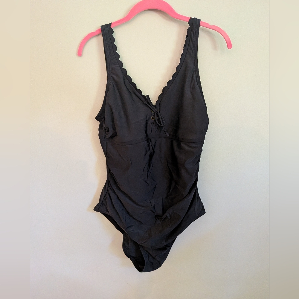Kona Sol Black Scalloped One-Piece Swimsuit